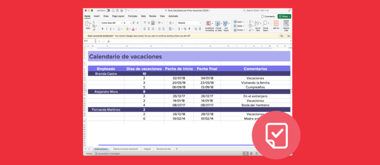 formato de calendario de vacaciones